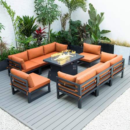 LEISUREMOD Chelsea 9-Piece Patio Sectional with Fire Pit Table Black Aluminum With Orange Cushions CSCMFBL-8OR